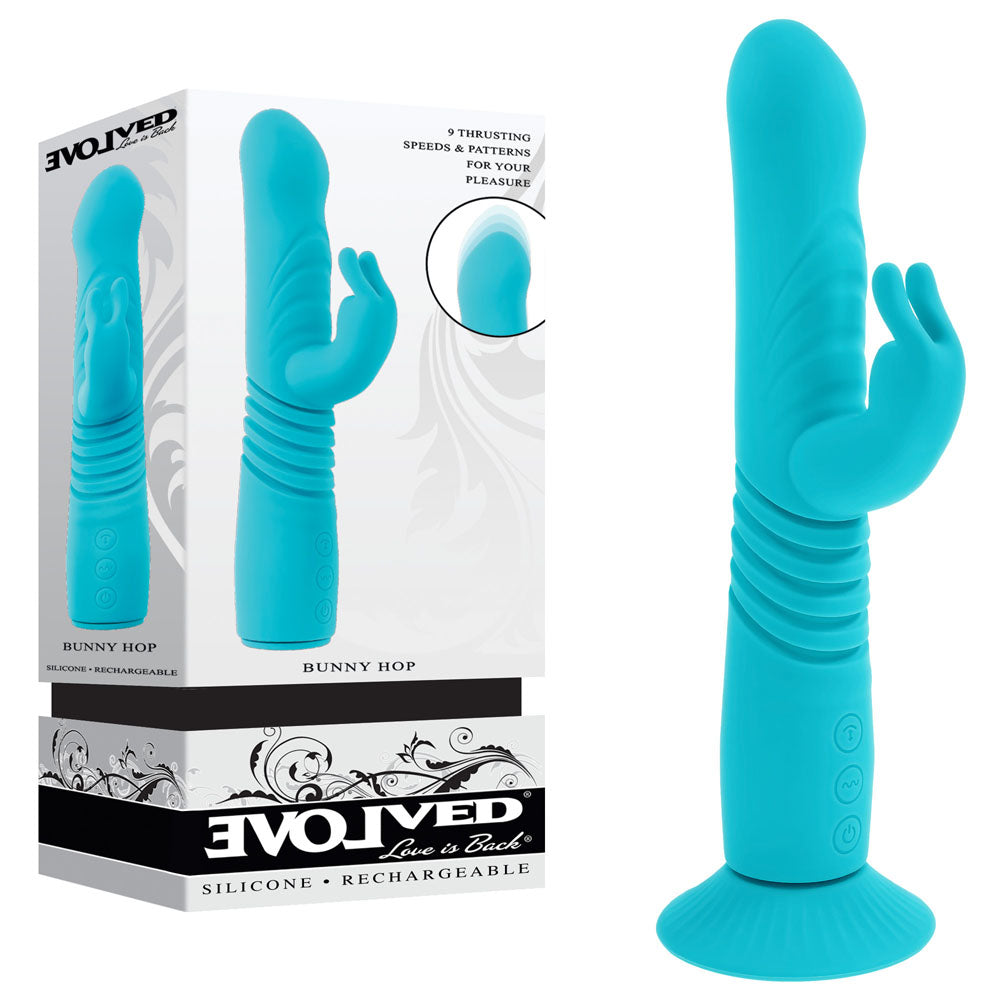 Evolved BUNNY HOP - Teal 25.1 cm USB Rechargeable Thrusting Rabbit Vibrator with Suction Base - Body-Safe Silicone for Wellness and Pleasure