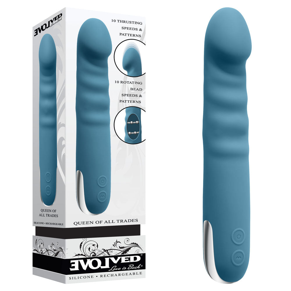 Evolved Thrusting & Rotating Vibrator – Body-Safe Silicone – Rechargeable – Blue – 22.6 cm