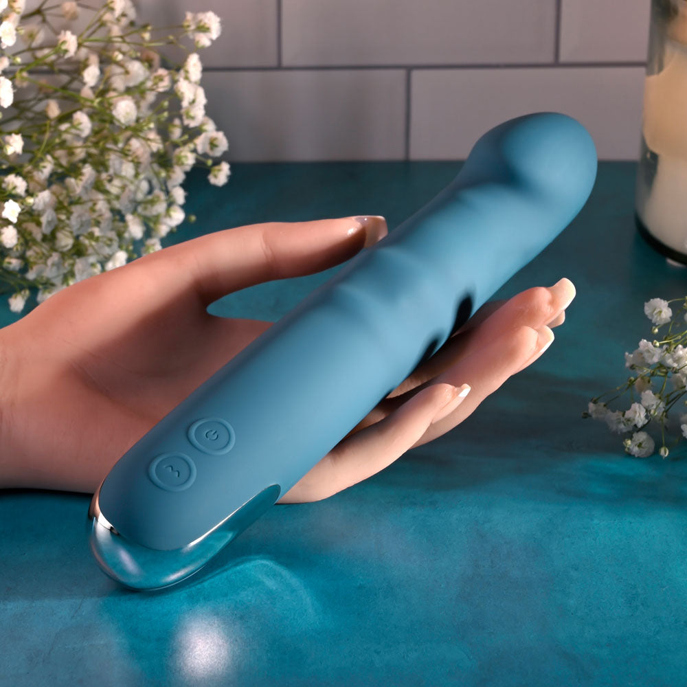 Evolved Thrusting & Rotating Vibrator – Body-Safe Silicone – Rechargeable – Blue – 22.6 cm