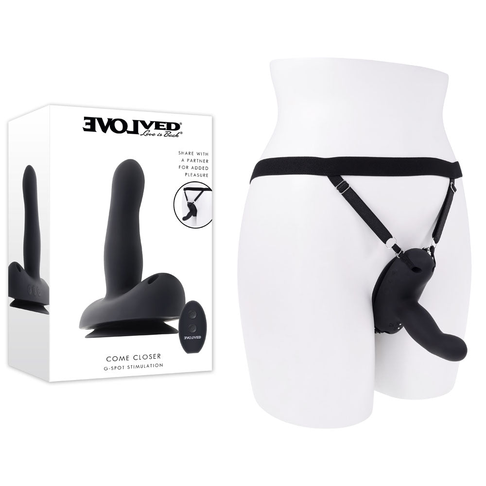 Evolved COME CLOSER - Black USB Rechargeable Vibrating Strap-On with Remote Control for Enhanced Intimacy