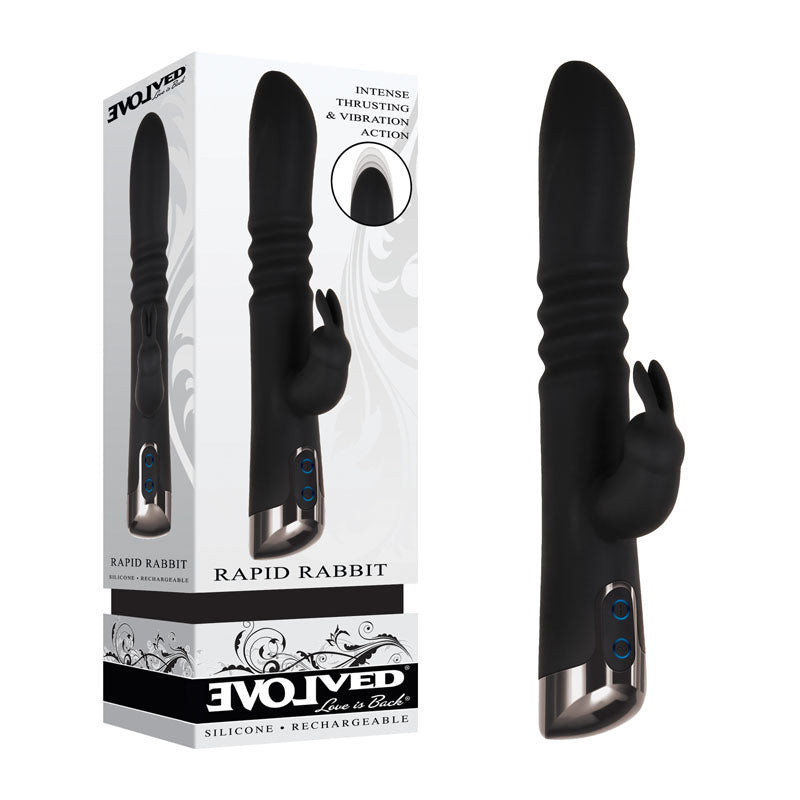 Evolved Rapid Rabbit - Black 25.4 cm USB Rechargeable Thrusting Rabbit Vibrator – Body-Safe Silicone for Enhanced Pleasure