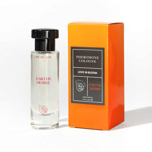 Pheromone cologne bottle and packaging on a white background