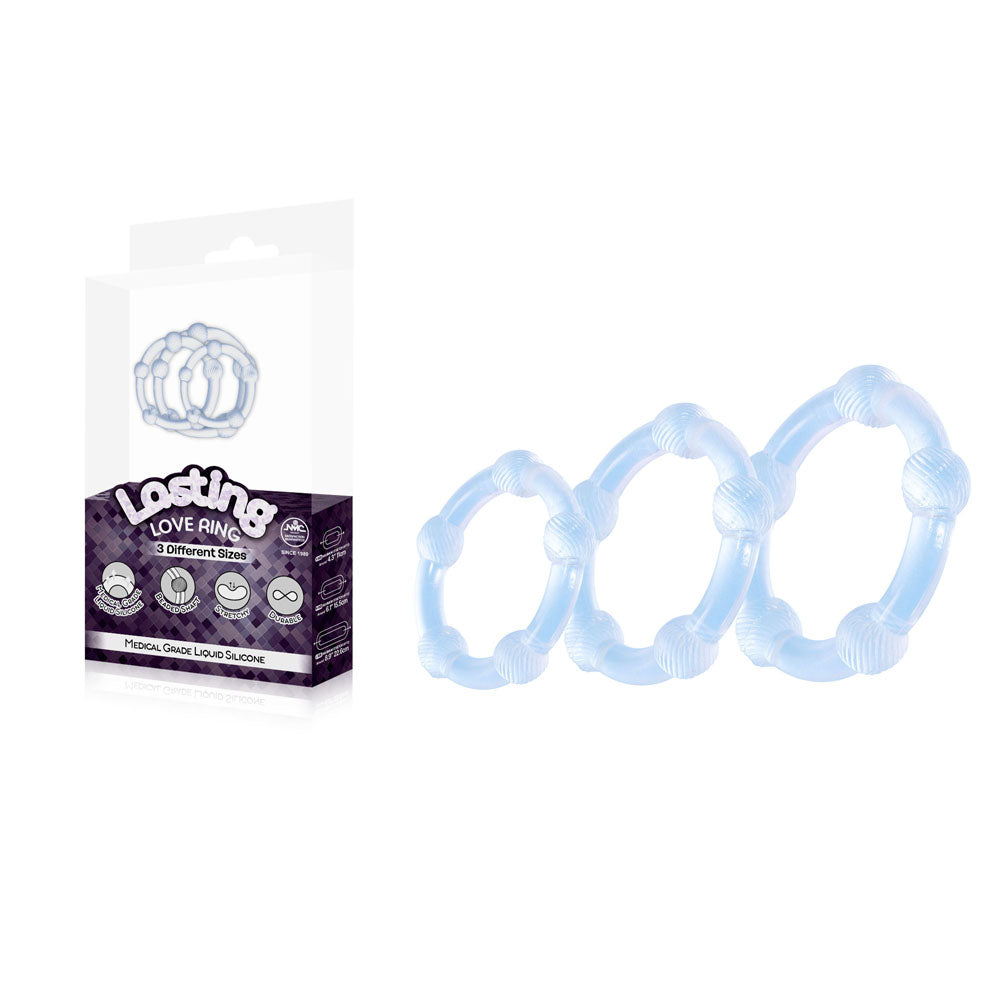 Lasting Love Ring Set - 3 Clear Beaded Cock Rings in Assorted Sizes (Body-Safe, Comfortable Fit)