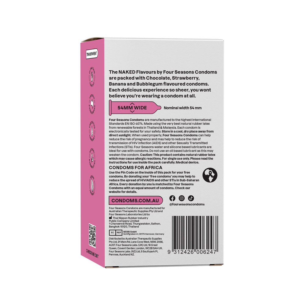 Four Seasons Naked Flavours - Ultra Thin Flavored Condoms - 12 Pack (Body-Safe, Vegan-Friendly)