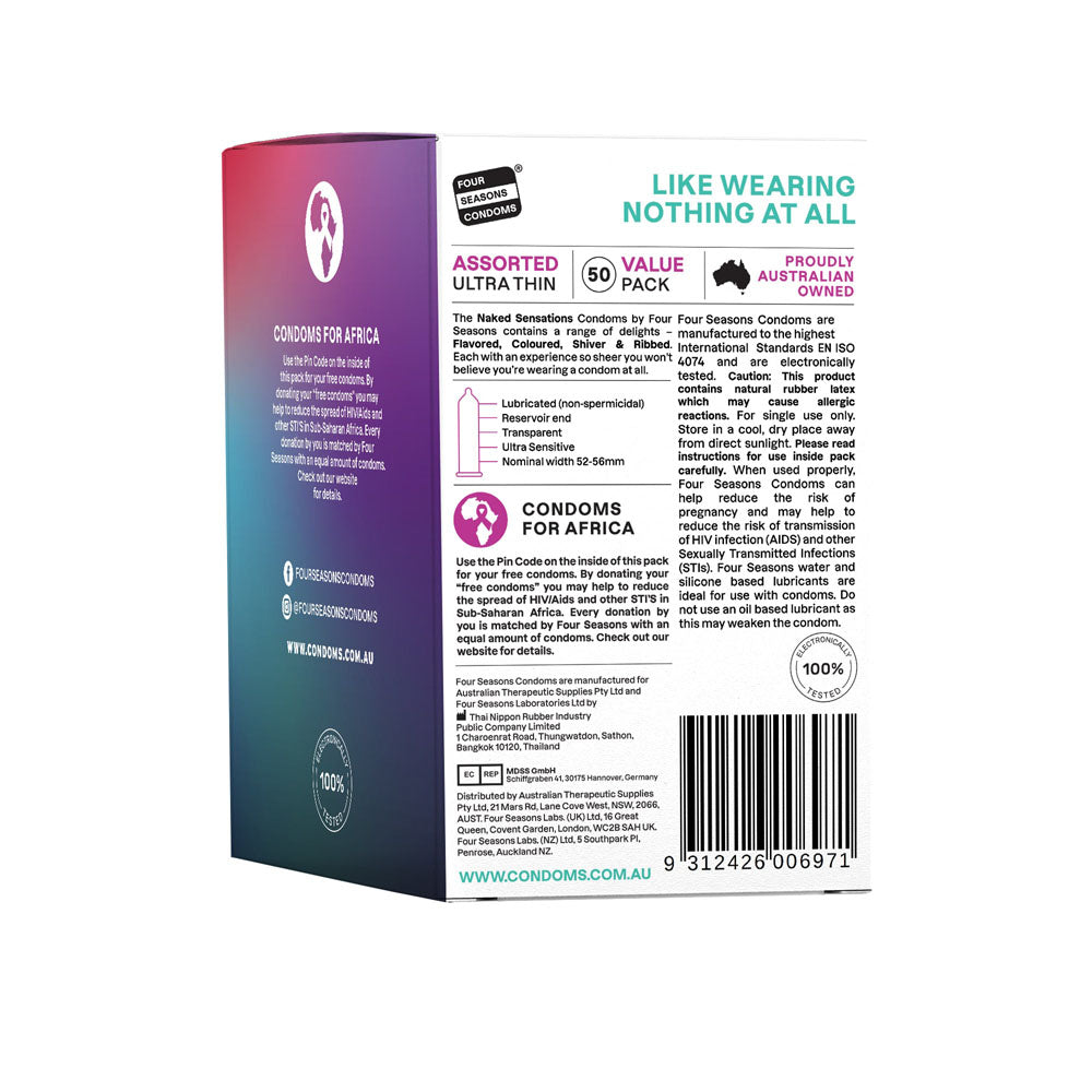 Four Seasons Ultra Thin Lubricated Condoms - Assorted Variety Pack (50 Count) - Body-Safe and Sensation-Enhancing
