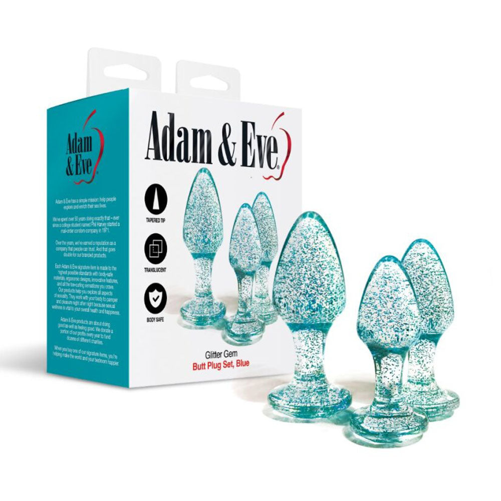 Adam & Eve Sparkling Gem 3-Piece Butt Plug Collection - Glittering Blue - Versatile Sizes for All Preferences