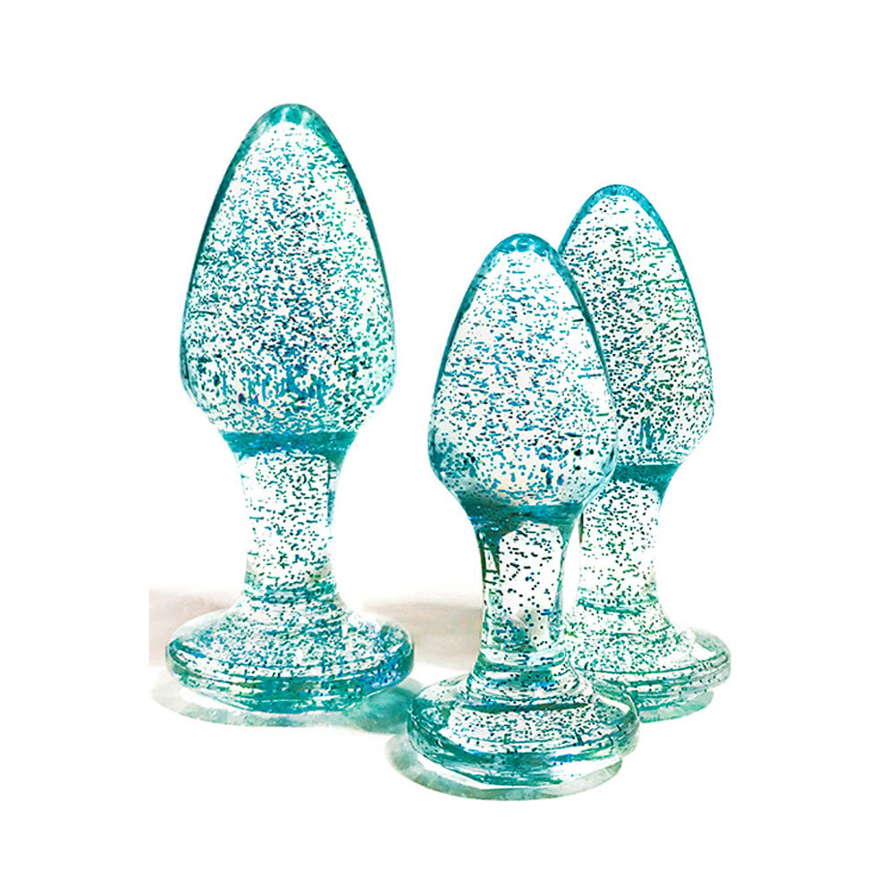 Adam & Eve Sparkling Gem 3-Piece Butt Plug Collection - Glittering Blue - Versatile Sizes for All Preferences