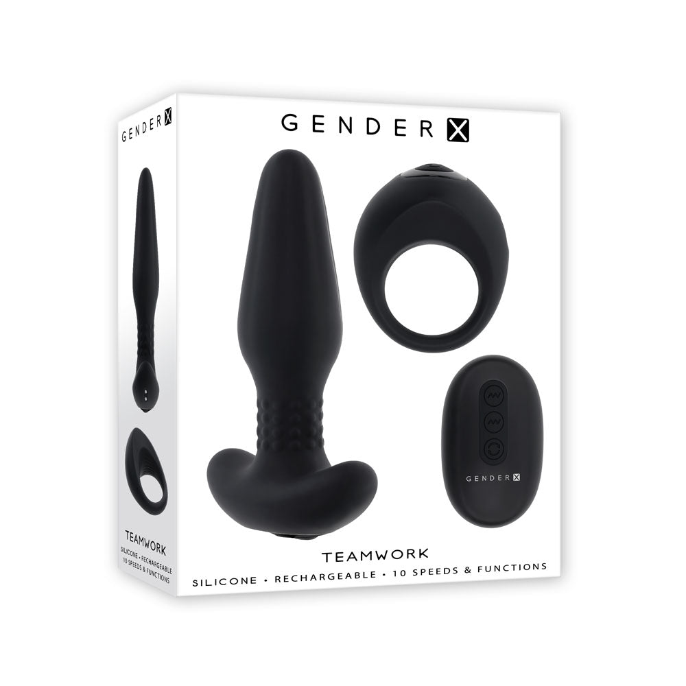 Gender X TEAMWORK - Black USB Rechargeable Dual-Action Rimming Butt Plug & Vibrating Cock Ring for Enhanced Pleasure