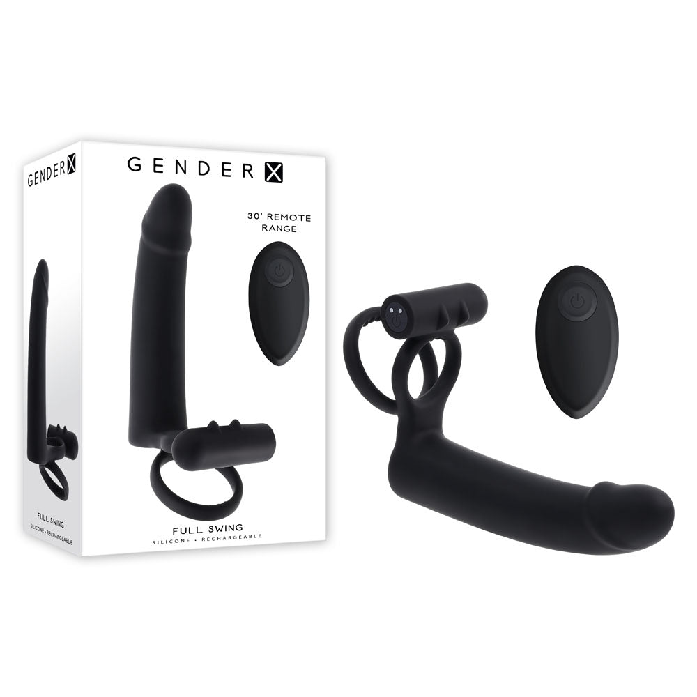 Gender X FULL SWING - Black USB Rechargeable Vibrating Cock Ring with Dual Penetrator Attachment