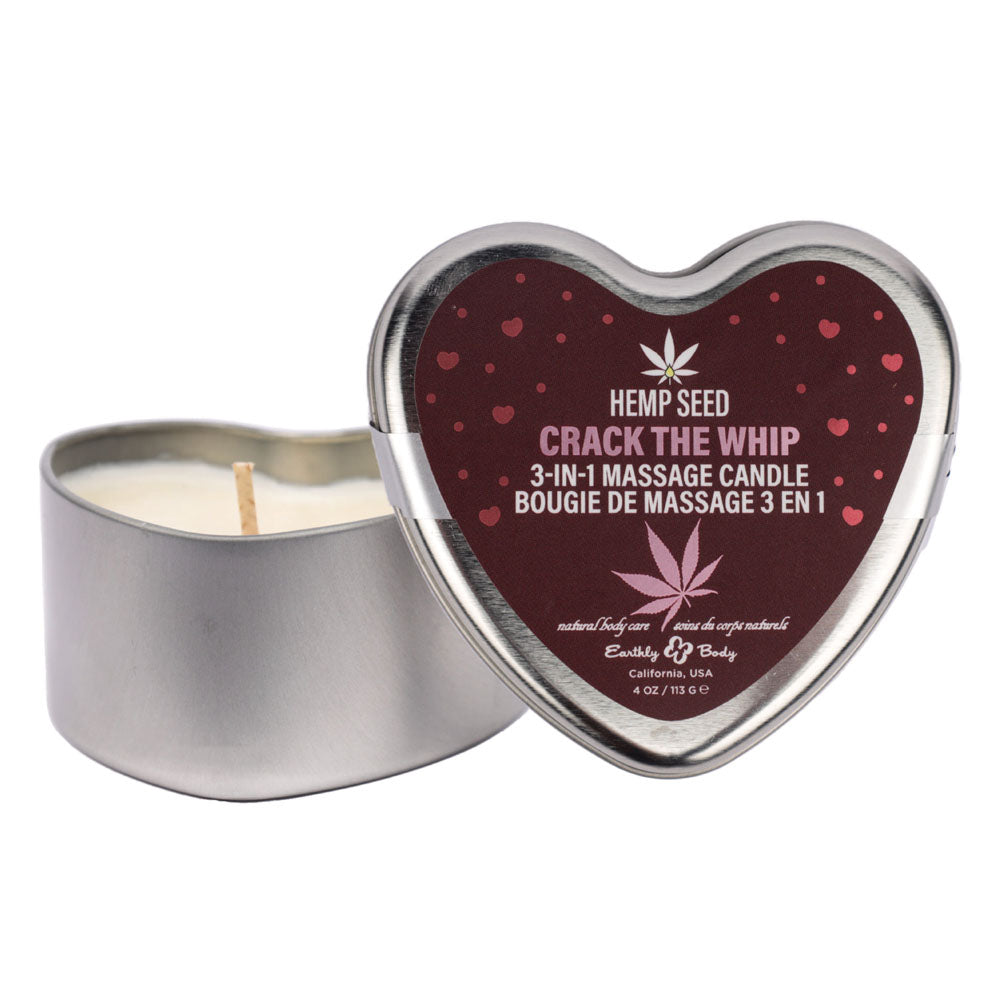 EB Hemp Seed 3-in-1 Massage Heart Candle - Crack The Whip (Dew-Kissed Rose, Violet Petals, Warm Amber) - 113g - Body-Safe, Aromatherapy Wellness Candle