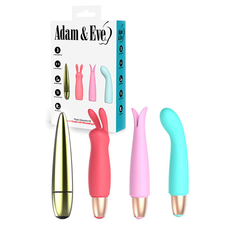 Adam & Eve PLAYFUL SEDUCTION KIT - Versatile USB Rechargeable Vibrator with 3 Interchangeable Sleeves for Enhanced Pleasure