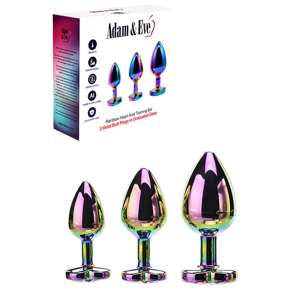 Rainbow Heart Gem Anal Training Set – Multicoloured Metal Anal Plugs with Gem Bases – 3 Size Variety for Comfortable Exploration