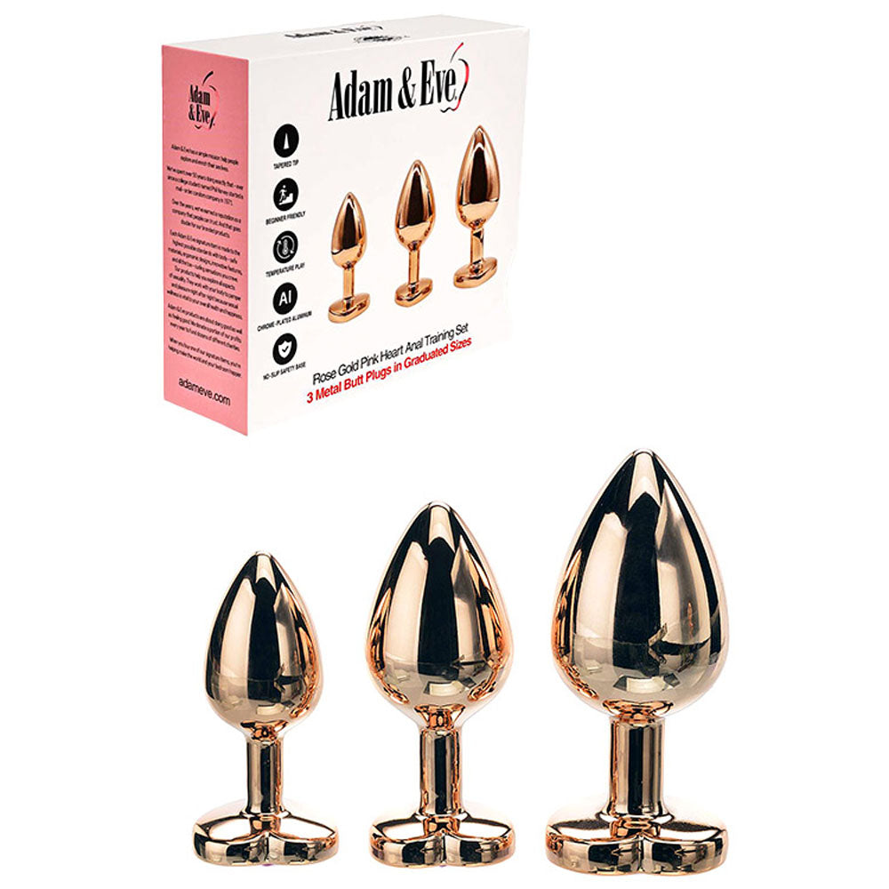 Rose Gold Heart Gem Anal Training Set – Body-Safe Metal Anal Plugs with Pink Gem Bases – 3 Size Variety for All Experience Levels