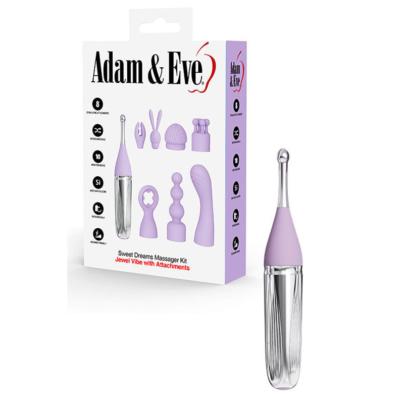 Adam & Eve SWEET DREAMS MASSAGER KIT - Lavender USB Rechargeable Point Stimulator with 8 Versatile Interchangeable Tips for Ultimate Relaxation