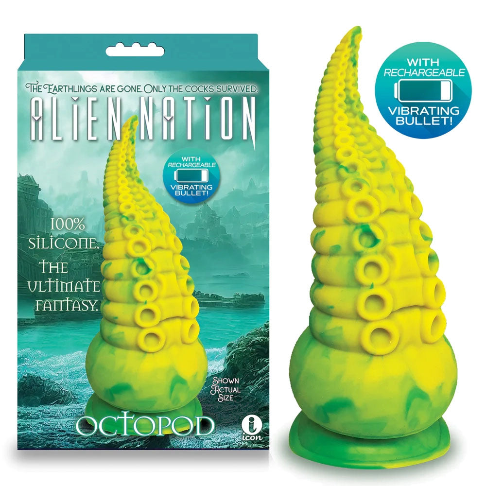Alien Nation Octopod Vibrating Fantasy Dong – Yellow/Green, 22.9 cm, USB Rechargeable, Body-Safe Silicone