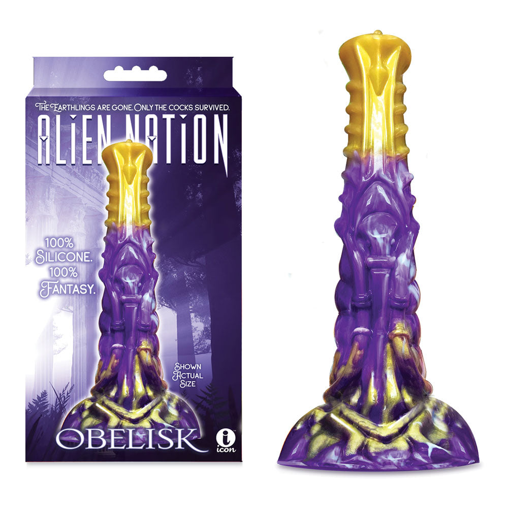 Alien Nation - Obelisk Fantasy Dong - Purple/Gold 22.2 cm Body-Safe Silicone Dildo (Gender-Neutral, USB Rechargeable)