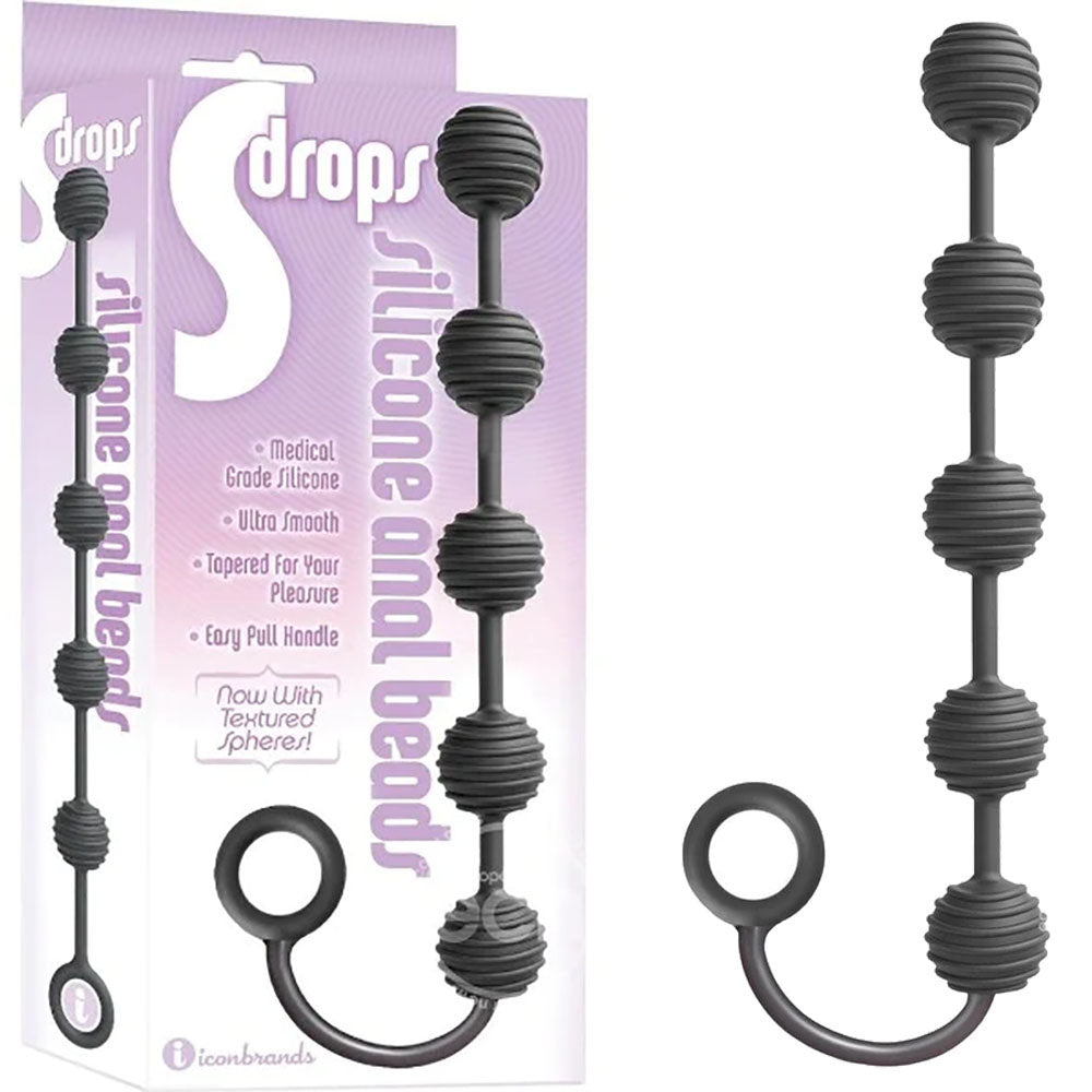 S-Drops Body-Safe Silicone Anal Beads – Black (Flexible, Waterproof, 20 cm)