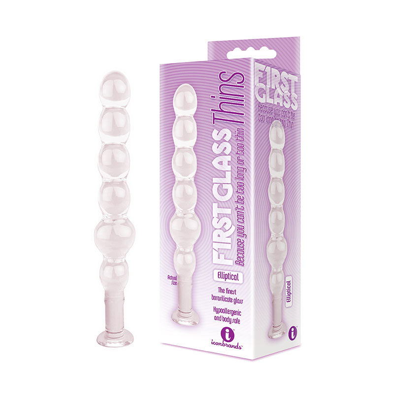 9's Glass First Thins Elliptical Anal Beads – Clear Glass, 17.8 cm (Body-Safe, Flexible Design)