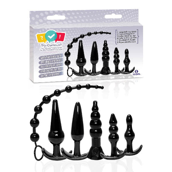 Try-Curious 6-Piece Body-Safe Anal Plug Kit - Versatile Black Set for All Experience Levels