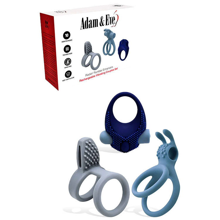 Adam & Eve Cock Rings – Rechargeable, Body-Safe Silicone – Black – Set of 3