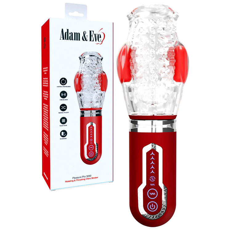 Adam & Eve PLEASURE PRO 3000 - Clear/Red USB Rechargeable Auto Stroker with Thrusting & Rotating Features