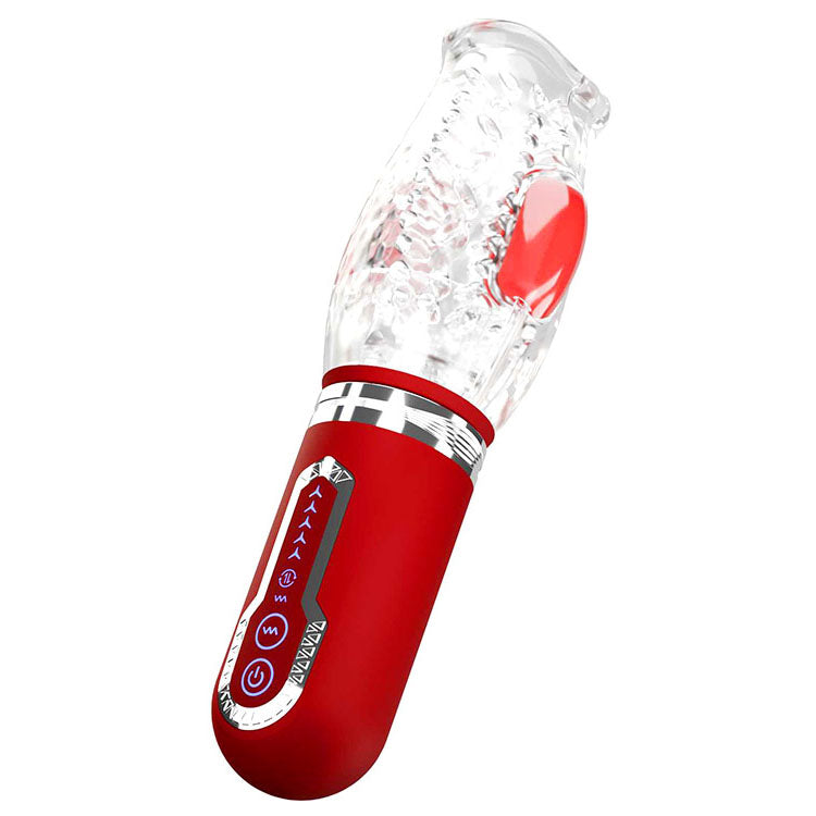 Adam & Eve PLEASURE PRO 3000 - Clear/Red USB Rechargeable Auto Stroker with Thrusting & Rotating Features