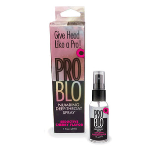PRO BLO numbing deep-throat spray packaging with cherry flavor text on a white background