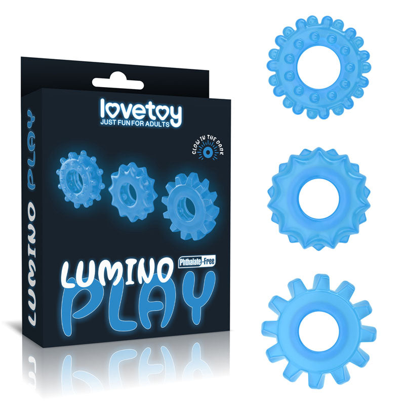 Lumino Play Glow-in-the-Dark Penis Rings - 3-Pack Blue Cock Rings for Enhanced Pleasure and Comfort