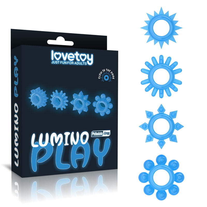 Lumino Play Glow-in-the-Dark Penis Rings Set – 4 Pack of Body-Safe Blue Cock Rings for Enhanced Pleasure
