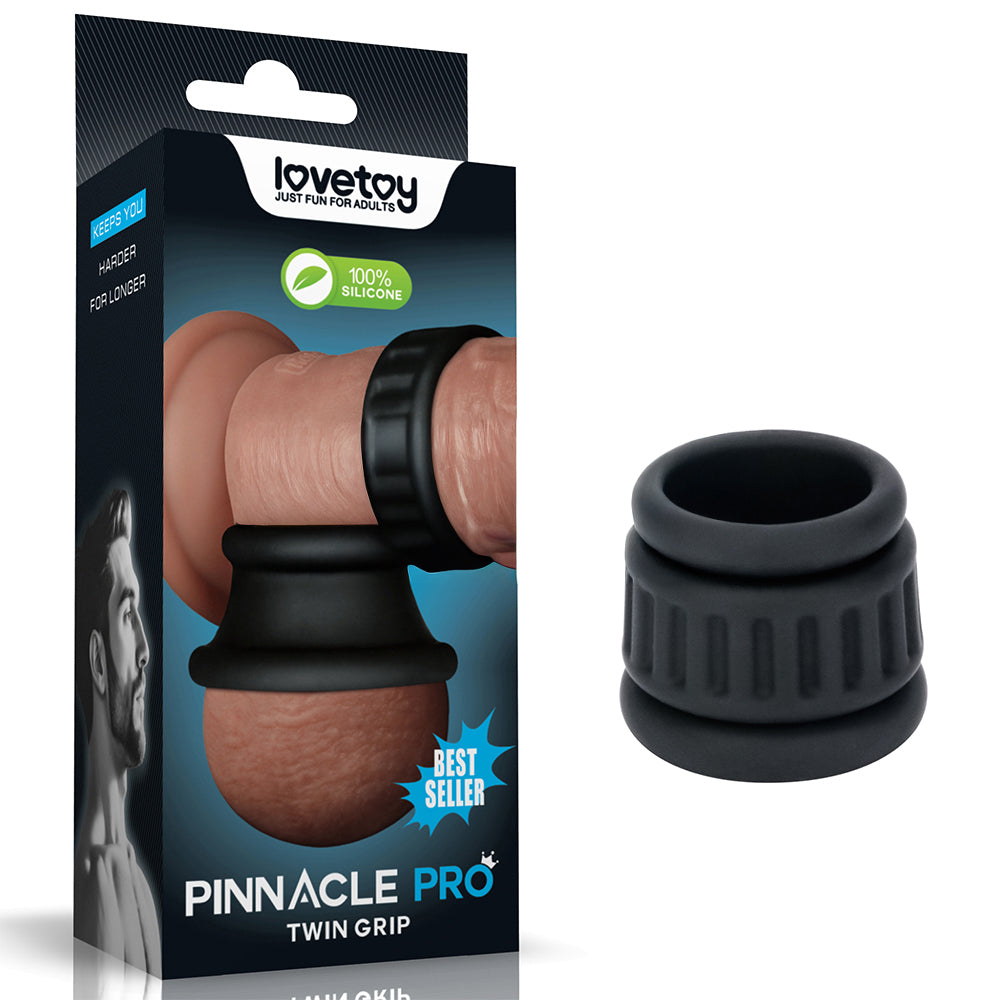 Pinnacle Pro Twin Grip Enhancer – Black Silicone Cock & Balls Ring (Comfort Fit, Adjustable Design)
