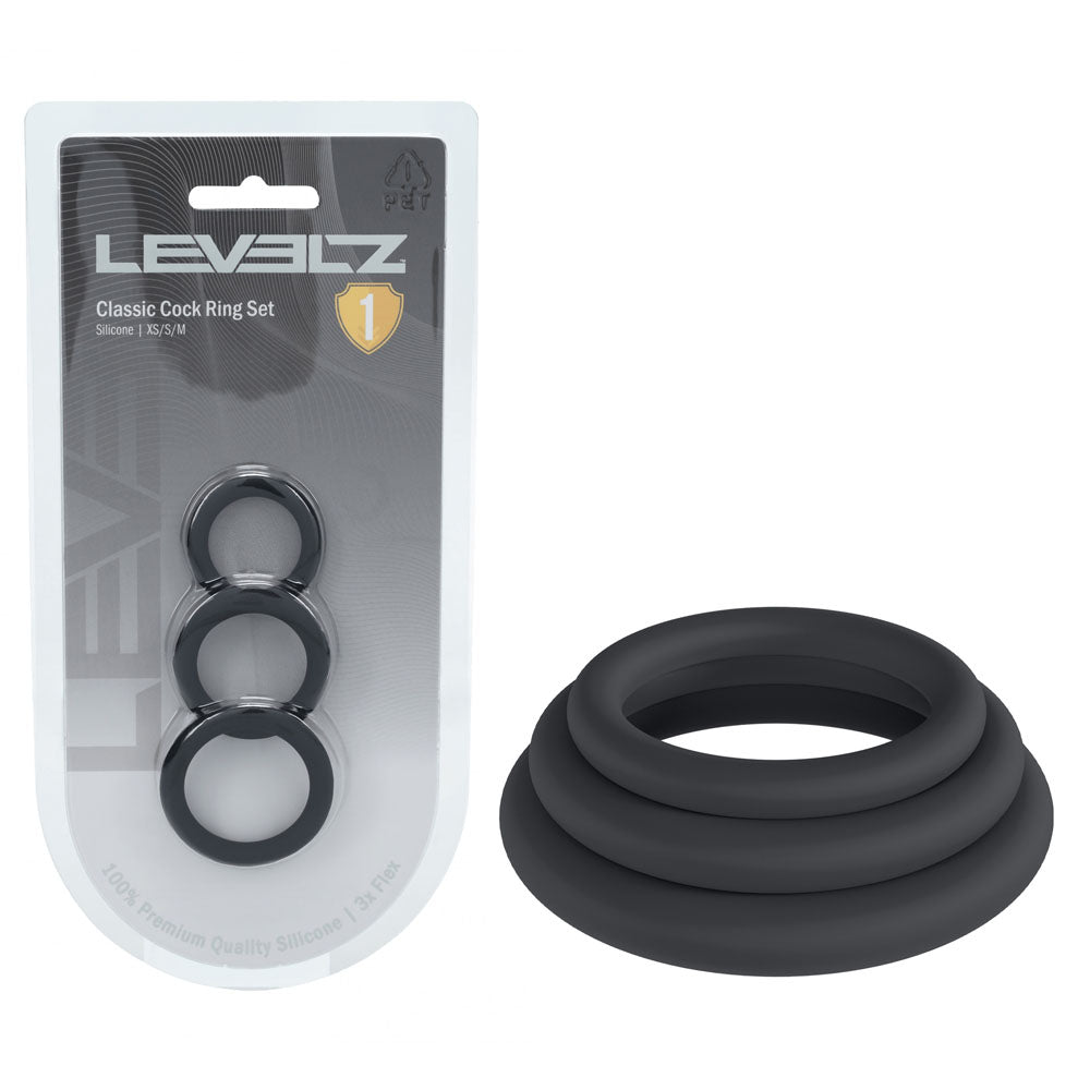 LEVELZ Cock Rings – Body-Safe Silicone – Black – Set of 3 Sizes