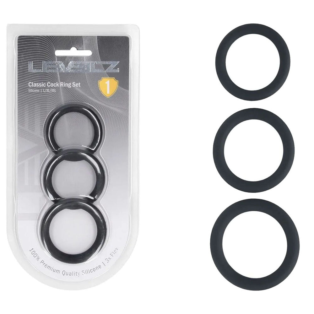 LEVELZ Premium Body-Safe Silicone Cock Ring Set – L/XL/XXL - Black - 3 Sizes for Enhanced Performance and Pleasure
