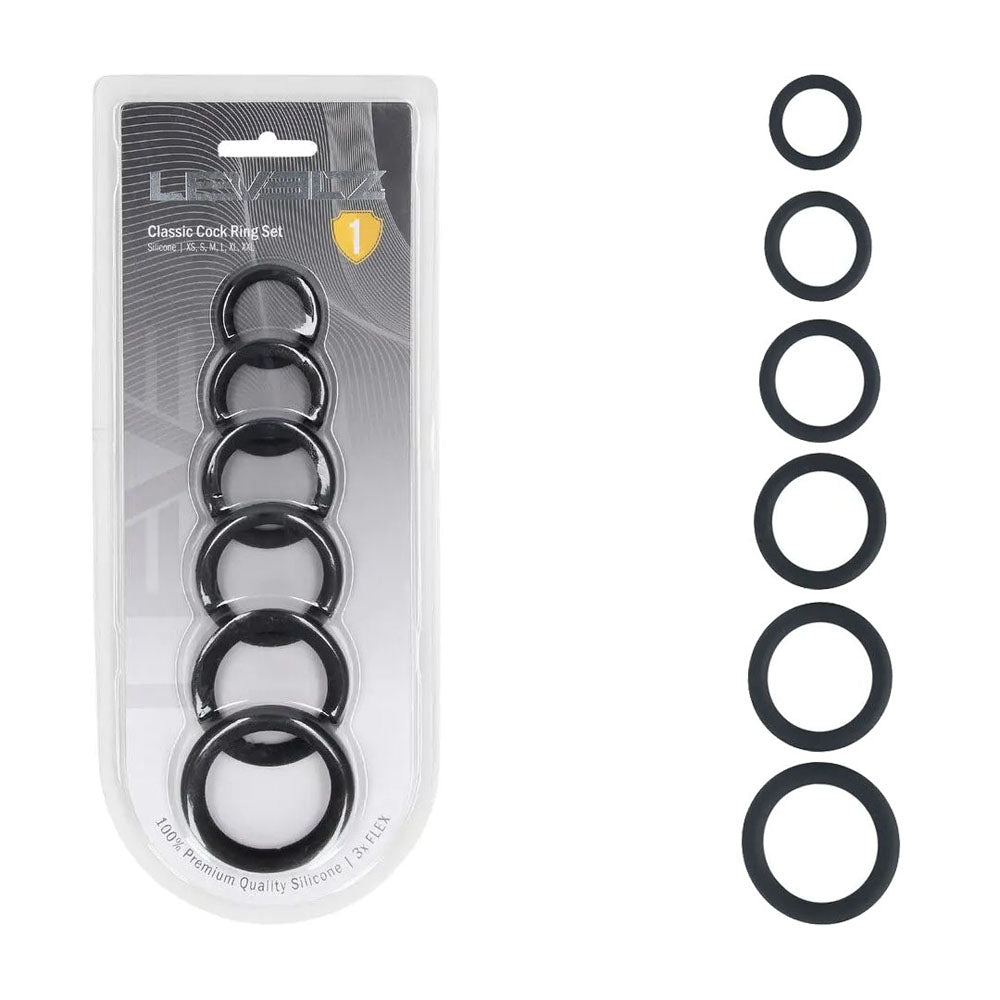 LEVELZ Cock Rings – Body-Safe Silicone – Black – Set of 6 Sizes