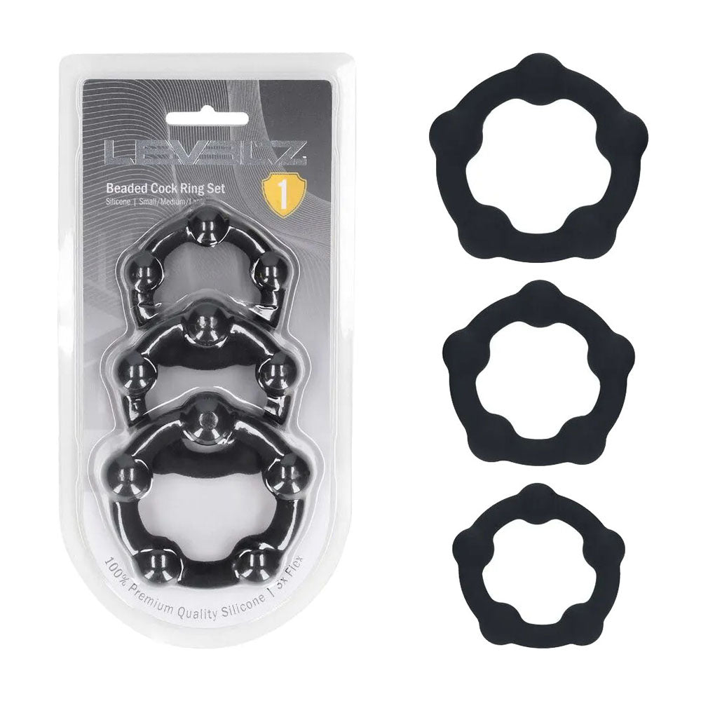LEVELZ Body-Safe Silicone Beaded Cock Ring Set – 3 Sizes in Black (Enhance Pleasure, Comfortable Fit)