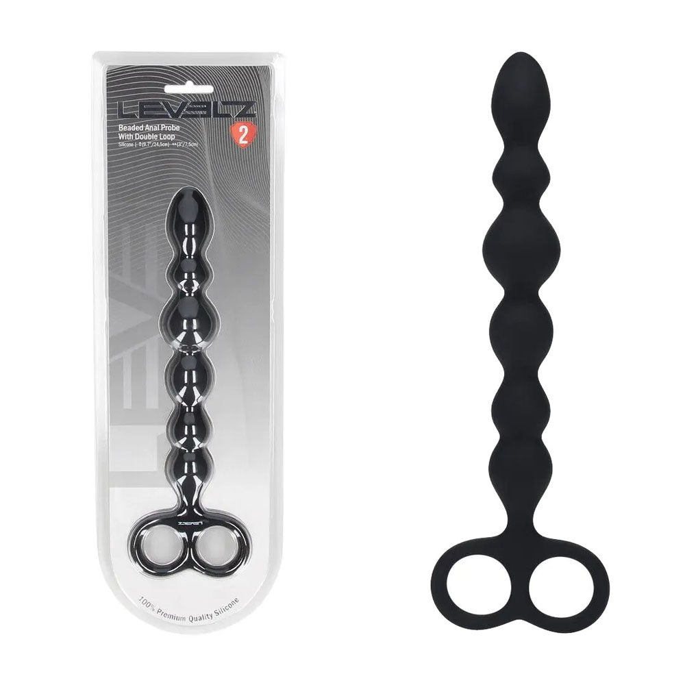 LEVELZ Body-Safe Silicone Beaded Anal Probe with Double Loop Grip - Black (24.5 cm, USB Rechargeable)