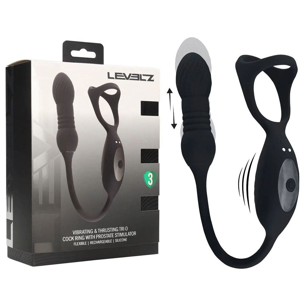 LEVELZ Rechargeable Vibrating Cock Ring with Prostate Stimulator - Black TriO Design for Enhanced Pleasure and Wellness