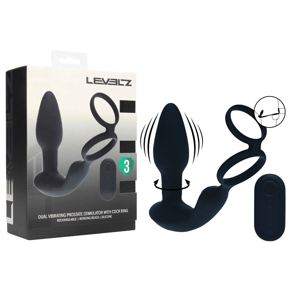LEVELZ Black USB Rechargeable Dual Vibrating Prostate Stimulator with Cock Ring - Body-Safe Silicone Butt Plug for Enhanced Pleasure