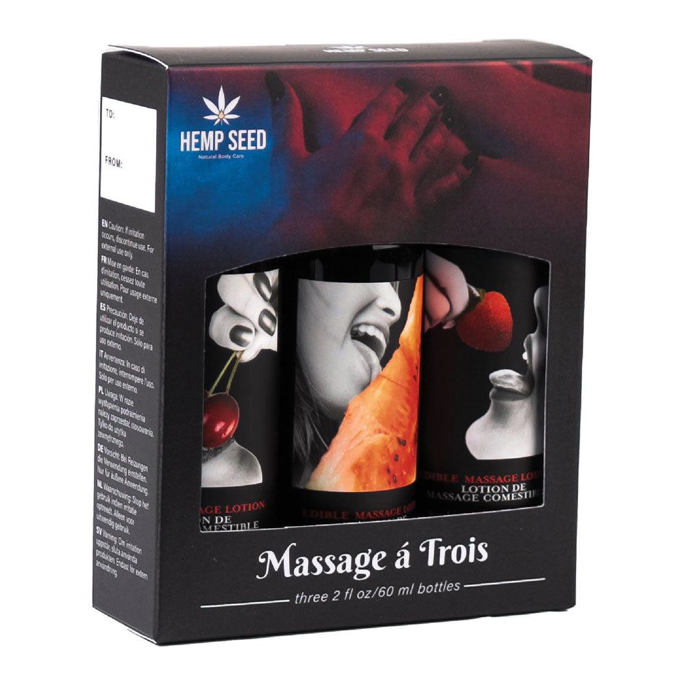 Hemp Seed Edible Massage Lotion Kit - A Trois - 3 Bottle Set (Body-Safe, Sensual Wellness)