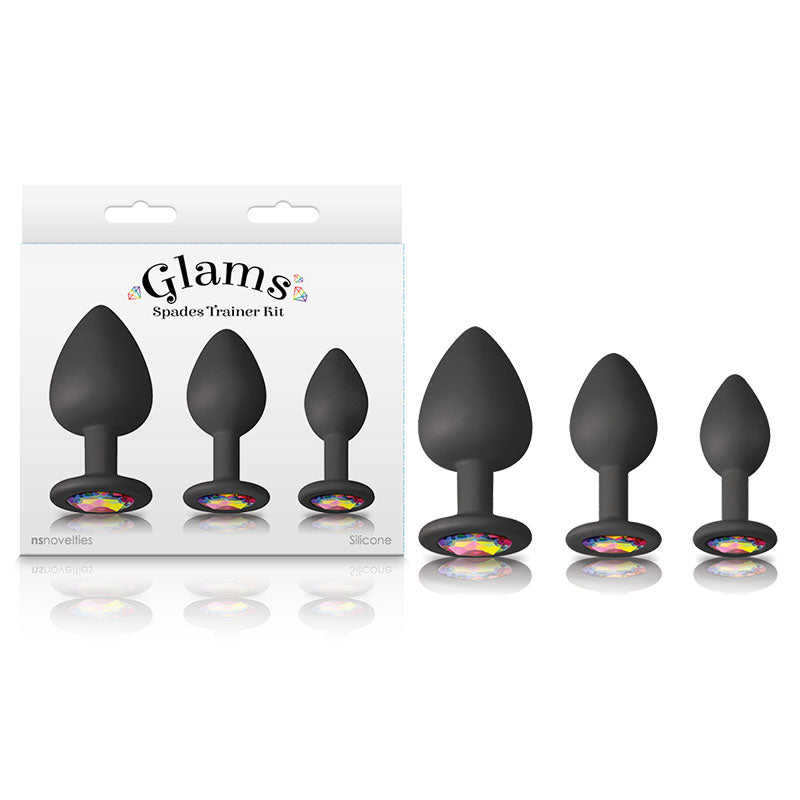 Glams Spades Trainer Kit - Body-Safe Black Butt Plugs with Gem Accents - 3 Size Set for Wellness and Comfort