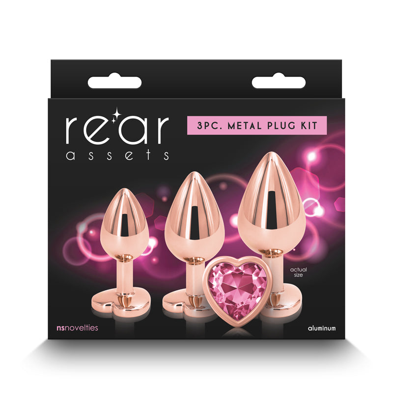 Rear Assets Trainer Kit – Rose Gold Metallic Butt Plugs with Pink Heart Accents – Set of 3 Sizes for Comfort and Wellness