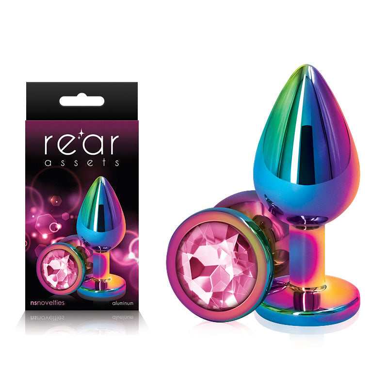 Multi-Colored Metal Butt Plug with Pink Gem Base – Body-Safe, Medium Size for Enhanced Pleasure