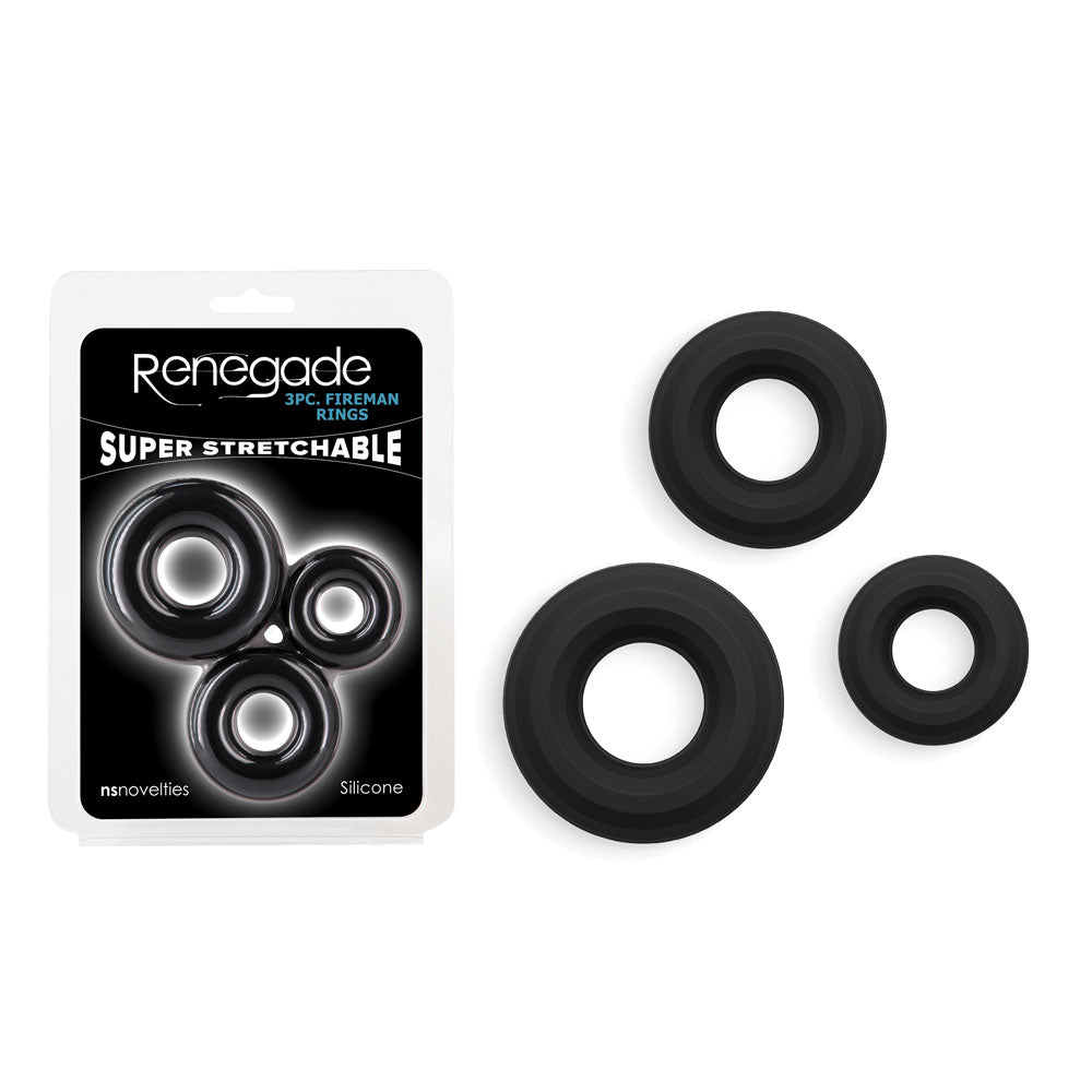 Renegade 3-Piece Adjustable Fireman Cock Ring Set - Black - Body-Safe Silicone for Enhanced Pleasure