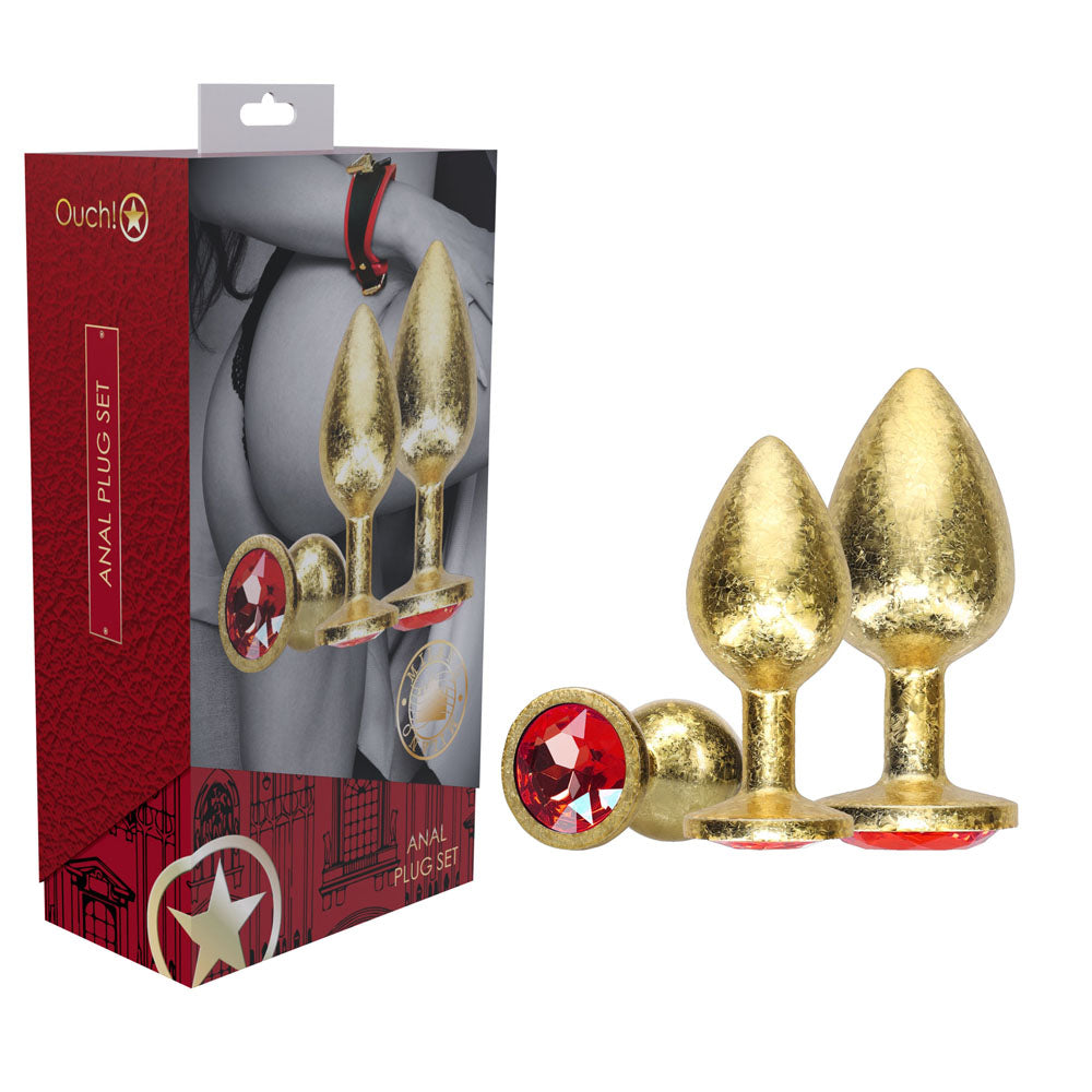 OUCH! Milan Collection - Luxury Metal Anal Plug Set - Gold - Elegant Gem-Base Butt Plugs - 3 Size Variety