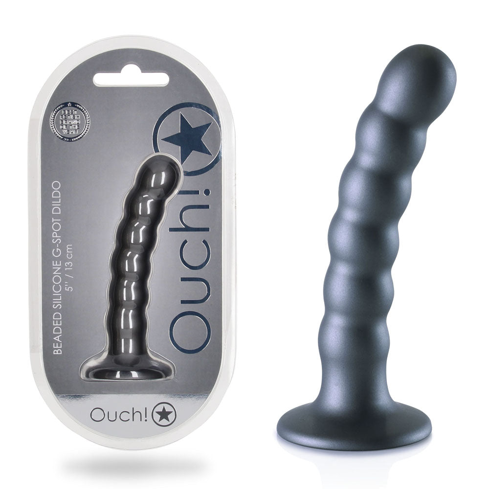 Beaded Silicone G-Spot Dildo - 5'' / 13cm - Gunmetal Finish (Body-Safe, Rechargeable)