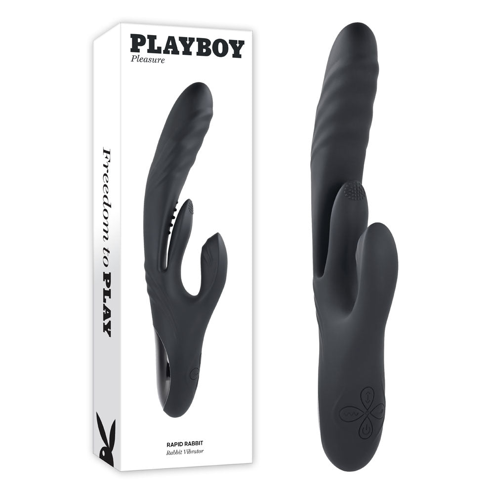 Playboy Pleasure Rapid Rabbit Vibrator – Black (26.4 cm, USB Rechargeable, Body-Safe Silicone)
