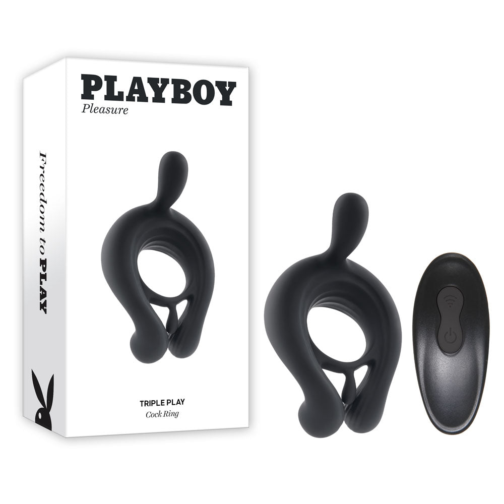 Playboy Pleasure Triple Play - Black USB Rechargeable Cock Ring with Wireless Remote Control for Enhanced Intimacy