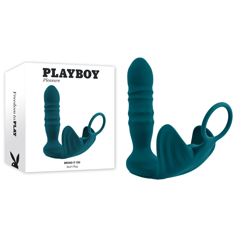 Playboy Pleasure BRING IT ON - Teal USB Rechargeable Thrusting Anal Plug & Cock Ring for Enhanced Intimacy