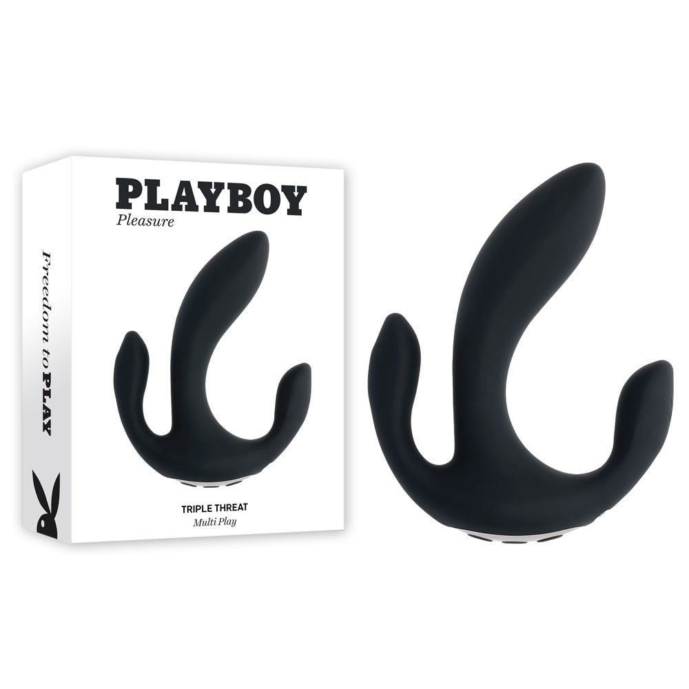 Playboy Pleasure TRIPLE THREAT - Black USB Rechargeable Triple Probe Vibrator for Enhanced Wellness and Intimacy