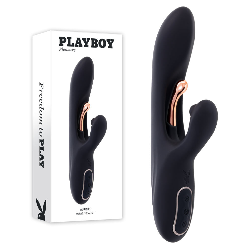 Playboy Pleasure AUREUS - Black USB Rechargeable Rabbit Vibrator with Internal Flicker (22.7 cm, Body-Safe Silicone)