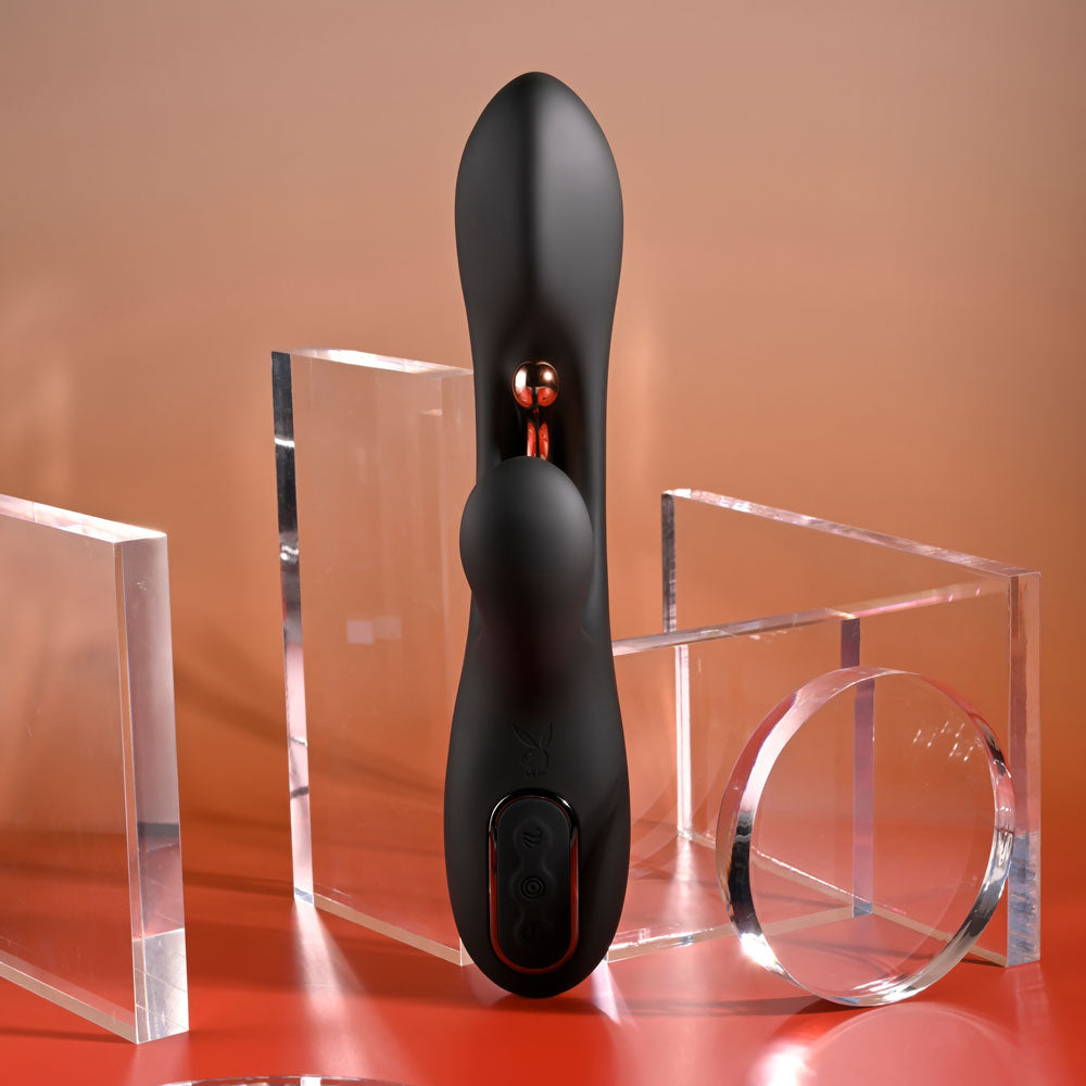 Playboy Pleasure AUREUS - Black USB Rechargeable Rabbit Vibrator with Internal Flicker (22.7 cm, Body-Safe Silicone)